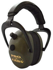 Pro Ears Gold II electronic hearing protection. Green cups with gold logo. 26 dB of noise reduction.